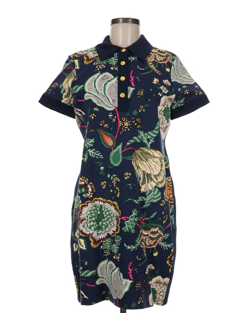 Tory Burch Stretch Ponte Polo Dress Happy Times Floral Gold Navy Pink Medium